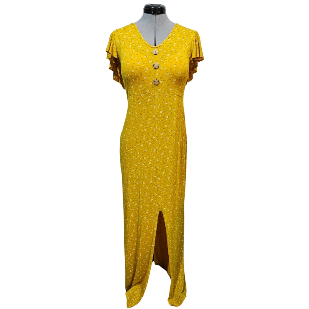 Boohoo Women's SIZE 10 Paisley Floral Print V-Neck Cape Sleeve Maxi Dress Yellow